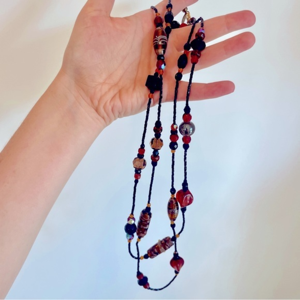 NEW MEI FA Handblown Glass Necklace Extra Long Beaded Brown Red Amber 36in